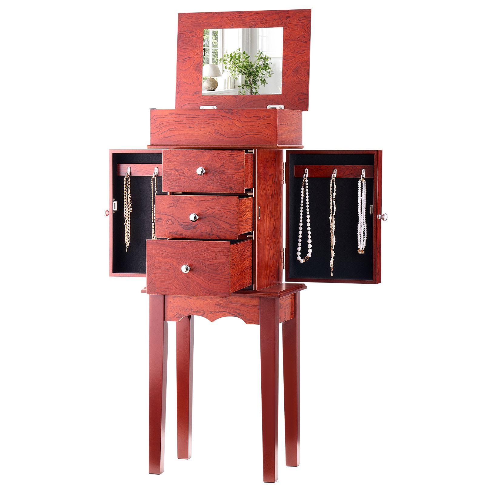 Jewelry Cabinet Armoire Standing Jewelry Storage Chest With 3 Drawers & Mirror_maomaolike.com